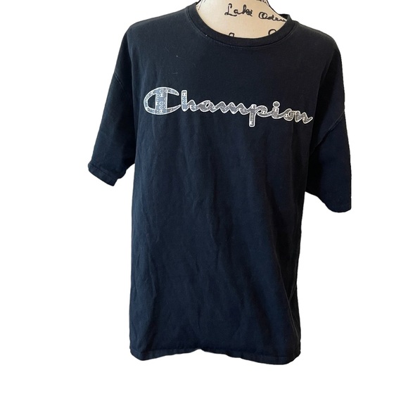Champion Shirt‎ Men Large Black Cotton Lightweight Embroidered Logo Athletic Tee - Picture 1 of 6